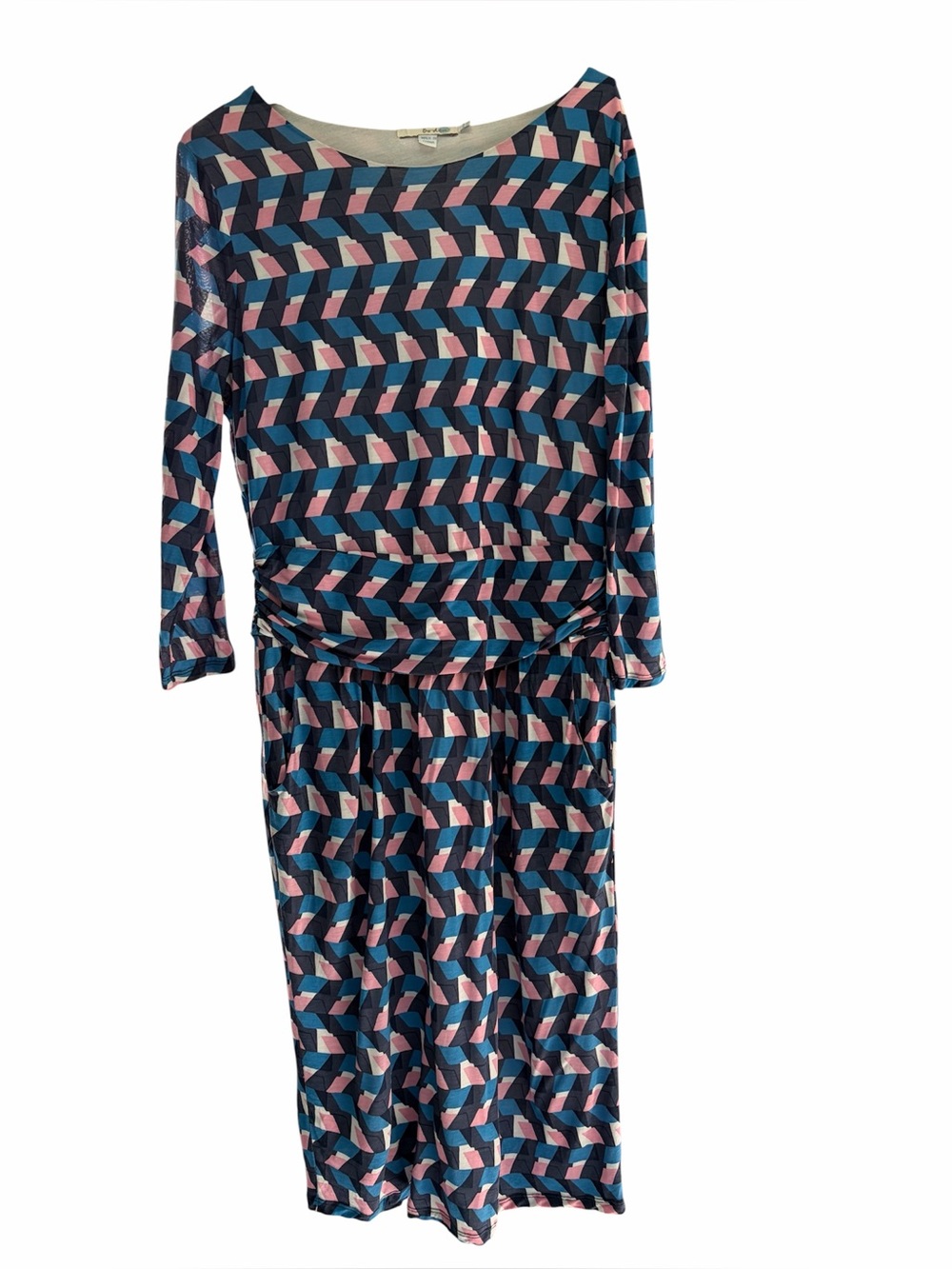 Boden Geometric Print Ruched Waist Dress Size 12 Tencel Lyocell Blue Pink